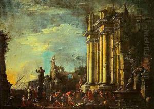Landscape with Ruins and a Sacrificial Scene by Giovanni Ghisolfi