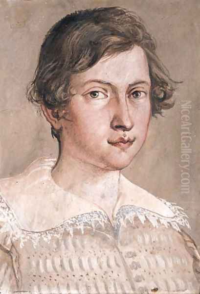Portrait of a young man in a light brown jacket and lace collar - view 1