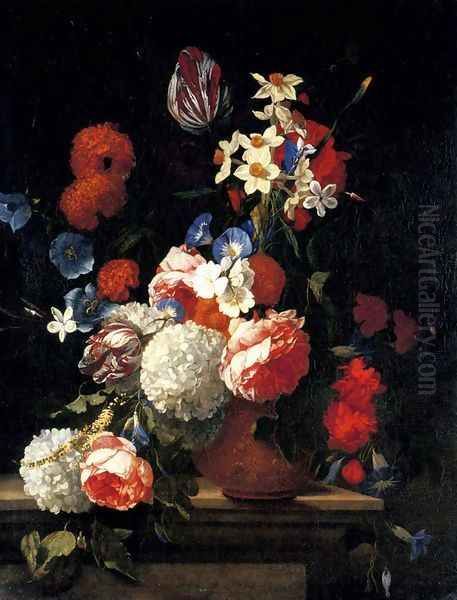 Tulips, peonies, morning glory, narcissi and other flowers in a decorated vase on a ledge - view 1