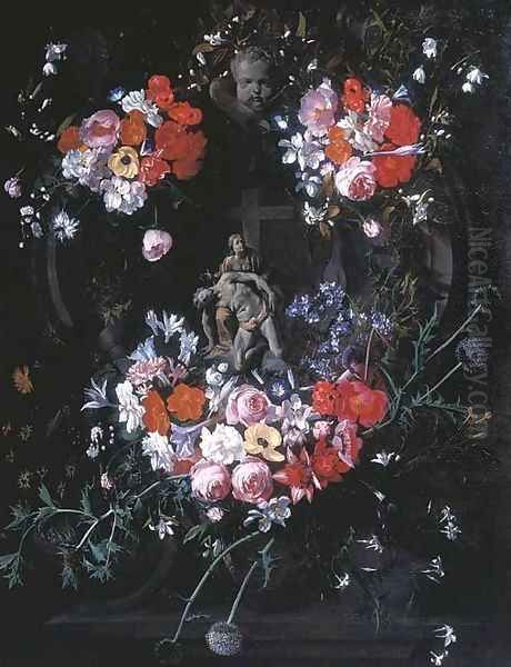 A trompe l'oeil relief of the Pietà in a stone carved tondo, surrounded by festoons of flowers and thistles - view 1