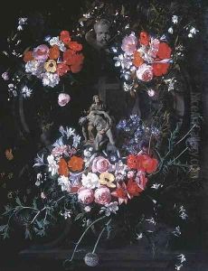 A trompe l'oeil relief of the Pietà in a stone carved tondo, surrounded by festoons of flowers and thistles by Hieronymus Galle I