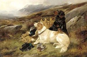 An English and a Gordon Setter with the day's bag on a moor by John Gifford
