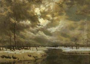 A moonlit winterlandscape by Arnold Marc Gorter