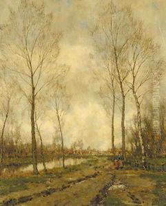 A mother and child strolling along a waterway by Arnold Marc Gorter