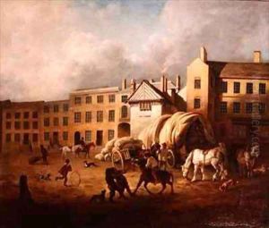 18th Century Town Scene with Figures and Horses in a Yard