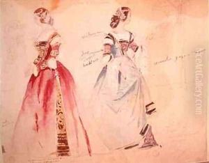 Two female costume designs at the time of the creation of Les Caprices de Marianne