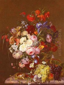 Still Life with Roses, Morning Glories, Tulips, Grapes and Bird's Nest by F. van Geit