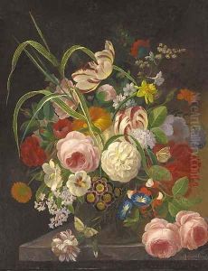 Peonies, tulips and other summer flowers in a glass vase on a stone ledge by F. van Geit