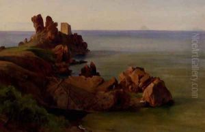 A Rocky Outcrop With A Moored Boat And Ruined Watchtower, Cefalu by Jean-Baptiste-Adolphe Gibert