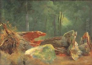 A wooded landscape with a blasted tree by a rock by Jean-Baptiste-Adolphe Gibert