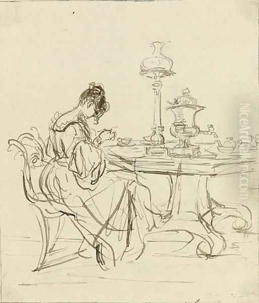 Study of a lady seated at a tea-table - view 1
