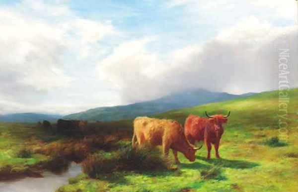 Highland cattle by a burn by Peter Graham