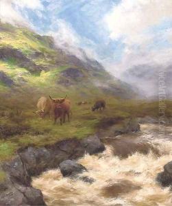 Highland cattle by a stream in full spate by Peter Graham