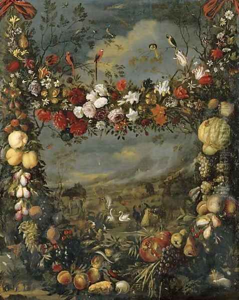 Animals in a landscape surrounded by a garland of flowers - view 1
