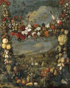 Animals in a landscape surrounded by a garland of flowers
