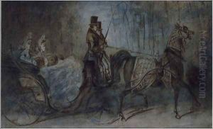 Elegant women in a horse draw carriage by Constantin Guys