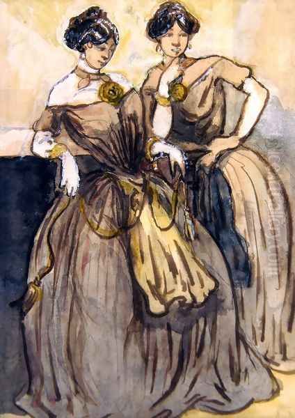 Two young women standing - view 1