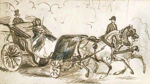 A lady being driven in a landau - view 1