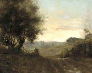 A wooded landscape at dusk by Gabriel Guerin