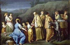 Young Girl Offering Eggs to a Group of Monks by Giuseppe Gambarini
