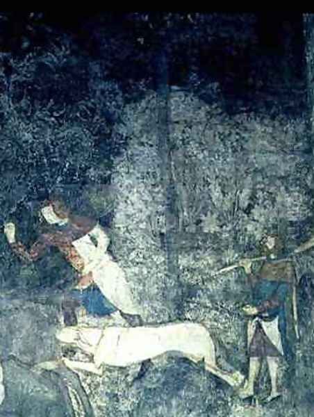 Men hunting with dogs detail of decorative scheme from La Chambre du Cerf Stag Room - view 1