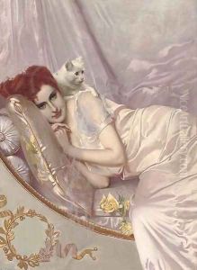 A young beauty reclining with a cat by H. Guerault