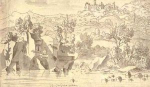 A rocky landscape with a castle on a hilltop by Josua de Grave