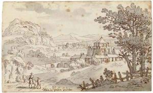An extensive landscape with a buttressed castle by Josua de Grave
