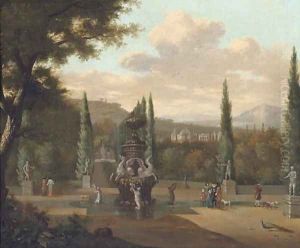 Elegant figures walking in the garden of a palace by Josua de Grave
