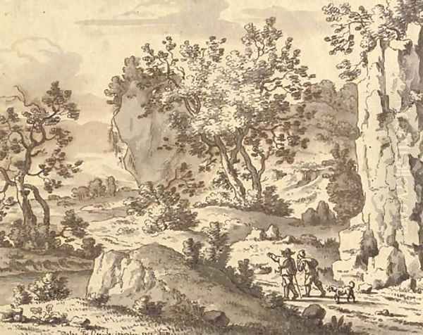 A rocky landscape with travellers on a path - view 1