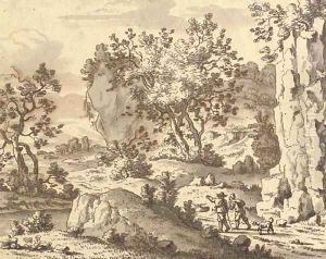 A rocky landscape with travellers on a path by Josua de Grave
