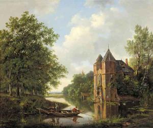 A riverlandscape with anglers in a rowingboat by a ruined mansion by Frans Arnold Breuhaus de Groot