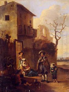 Travelers Resting By A House, With Architectural Ruins Beyond by Anthonie Goubau
