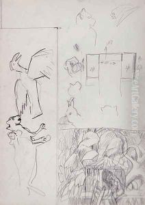 Studies of Tree Houses Animals and Floor Plan for the Cave of the Golden Calf by Spencer Frederick Gore
