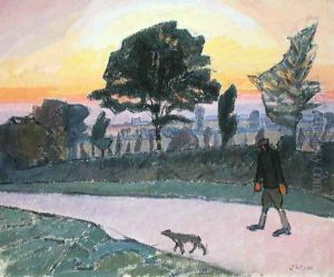Sunset Letchworth with Man and Dog by Spencer Frederick Gore