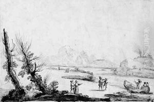 An extensive river landscape with promenading figures by Giovanni Francesco Barbieri