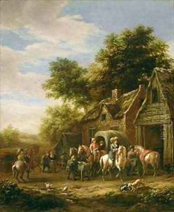 Landscape with travellers beside a cottage by Barend Gael or Gaal