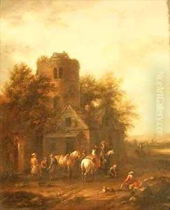 Riders Watering their Horses Outside a Tavern by Barend Gael or Gaal
