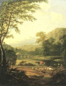 An Italiante river landscape, with a peasant woman returning from a market by Barend Gael or Gaal