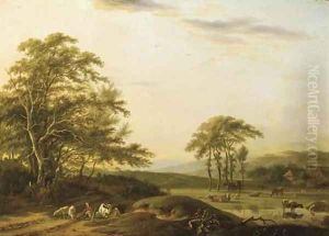 An Italianate river landscape with a shepherd and cattle by Barend Gael or Gaal