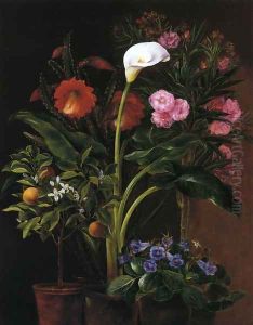 Still Life with Streptocarpus, Oleander, Calla Lily, Cactus Flowers and and Orange Tree by Louise Garlieb