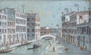 A Venetian canal with a bridge in the distance by Giacomo Guardi