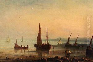 Fishermen By The Shore At Sunset by Herminie Gudin