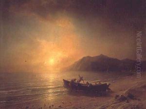 A Coastal Landscape with Arab Fishermen Launching a boat at Sunset