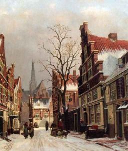 Townsfolk In A Snow-covered Street In Haarlem by Franciscus Lodewijk Van Gulik