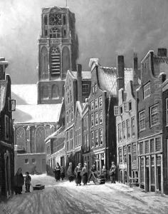 A view of a snow-covered street, Rotterdam, with the St. Laurenskerk in the distance by Franciscus Lodewijk Van Gulik