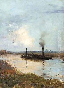La peniche sur la Seine by Louis Auguste Girardot