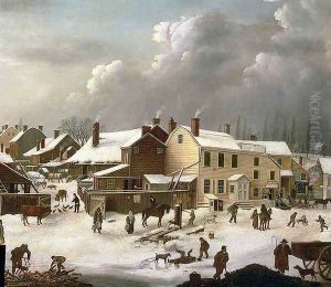 Winter Scene in Brooklyn detail of a street and the Post Office by Francis Guy
