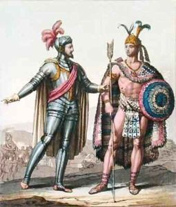 The Encounter between Hernan Cortes 1485-1547 and Montezuma II 1466-1520 by Gallo Gallina
