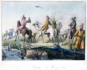 Kirghiz hunters shooting and hunting with falcons by Gallo Gallina